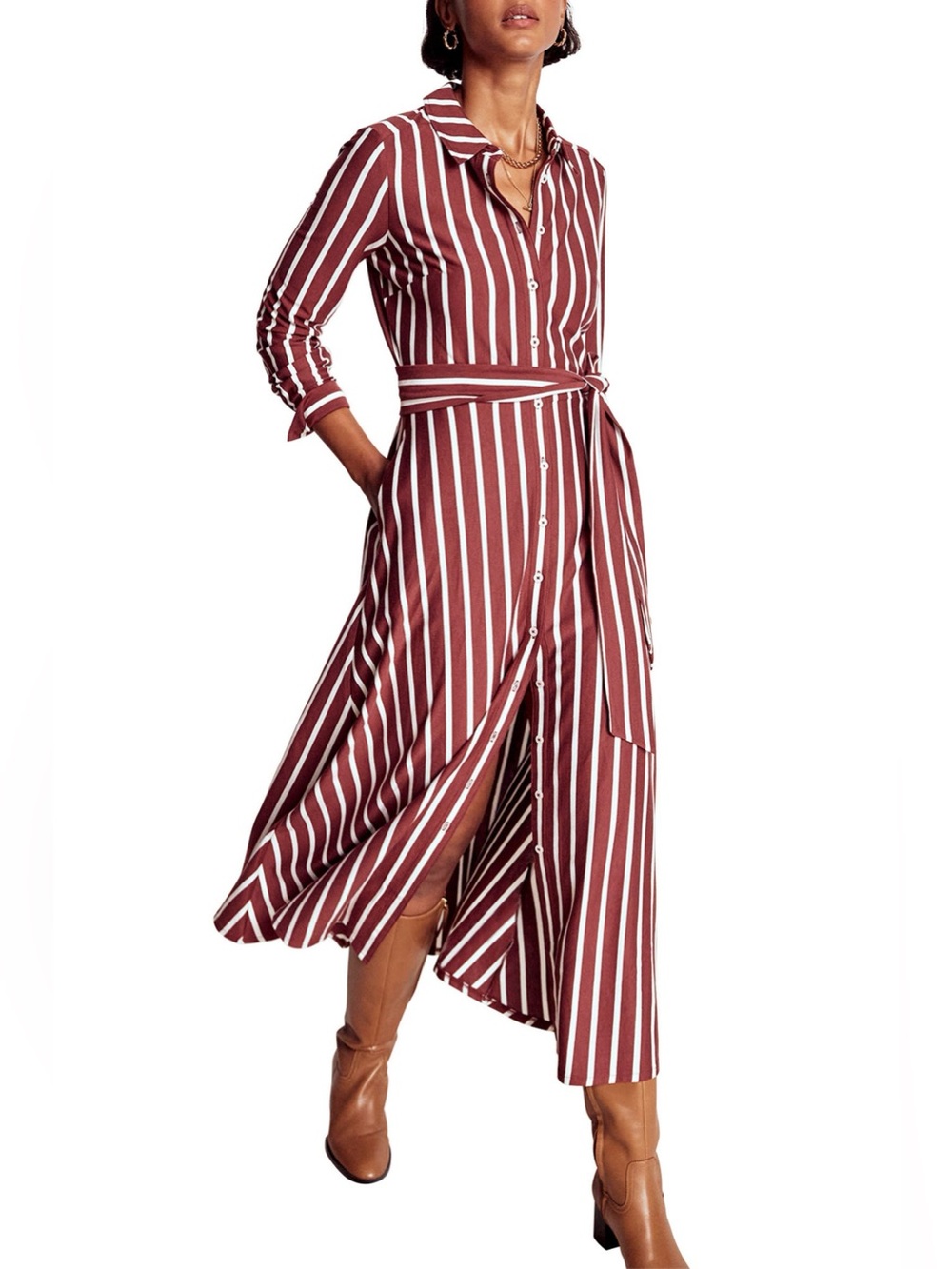 Boden - Marcia Stripe Long Sleeve Jersey Button Down Midi Dress Size 8Long